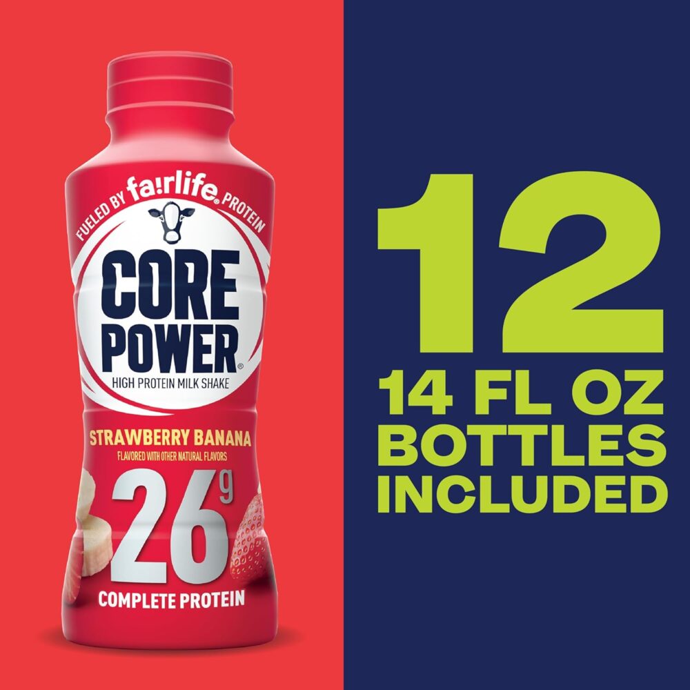 Core Power Protein Shake, Strawberry Banana, 26g Bottle, 14oz, 12 Pack - Image 2