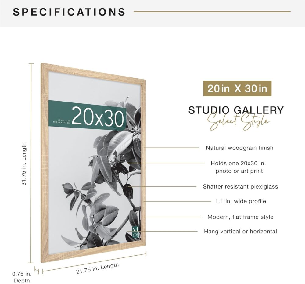 MCS Studio Gallery Poster Frame – Natural Woodgrain, 20 × 30 in, Vertical & Horizontal Wall Hanging (1‑Pack) - Image 3