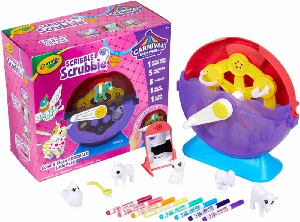 Crayola Scribble Scrubbie Pets Carnival Playset – Spin & Wash Ferris Wheel, 5 Washable Pets, 8 Washable Markers, Scrub Brush & Wacky Mirror - Image 2