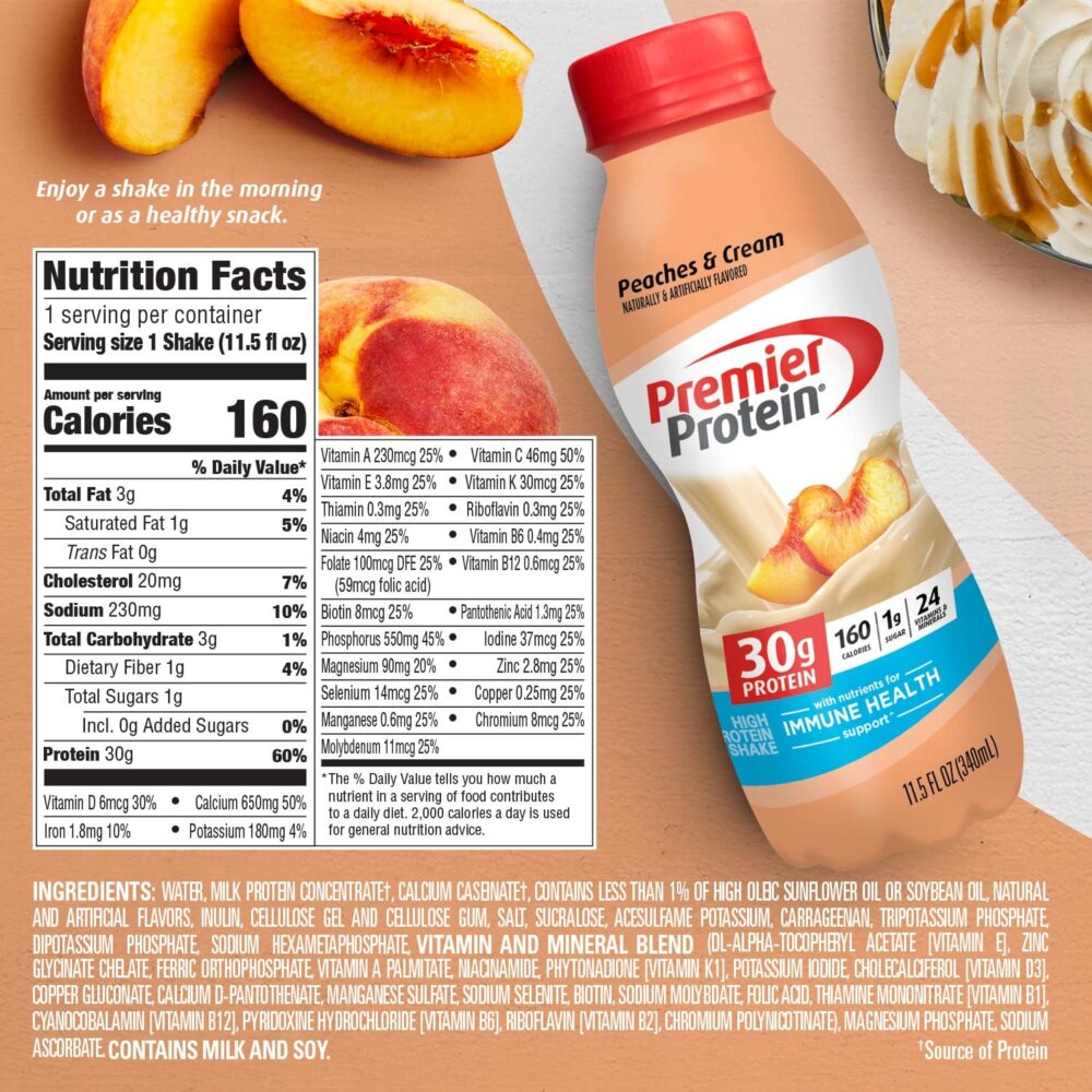 Premier Protein Shake 30g 1g Sugar 24 Vitamins Minerals Nutrients to Support Immune Health, Peaches & Cream, 11.5 Fl Oz (Pack of 12), Total 138 Fl Oz - Image 2