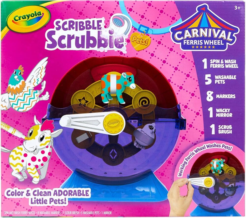 Crayola Scribble Scrubbie Pets Carnival Playset – Spin & Wash Ferris Wheel, 5 Washable Pets, 8 Washable Markers, Scrub Brush & Wacky Mirror