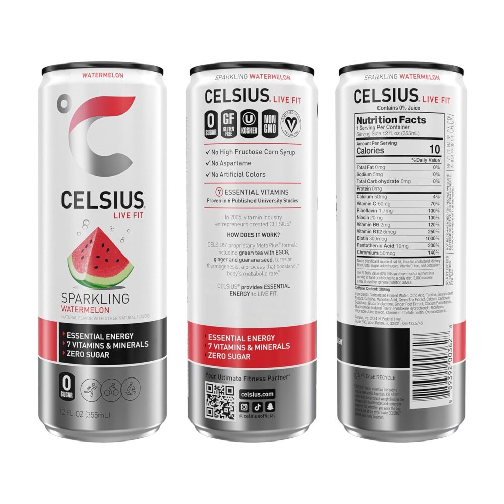 CELSIUS Sparkling Watermelon, Functional Essential Energy Drink 12 Fl Oz (Pack of 12) - Image 3