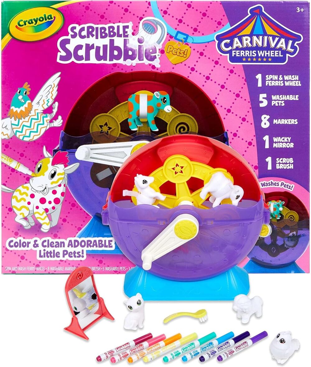 Crayola Scribble Scrubbie Pets Carnival Playset – Spin & Wash Ferris Wheel, 5 Washable Pets, 8 Washable Markers, Scrub Brush & Wacky Mirror - Image 5