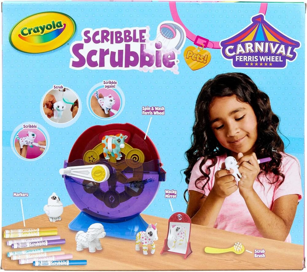 Crayola Scribble Scrubbie Pets Carnival Playset – Spin & Wash Ferris Wheel, 5 Washable Pets, 8 Washable Markers, Scrub Brush & Wacky Mirror - Image 4